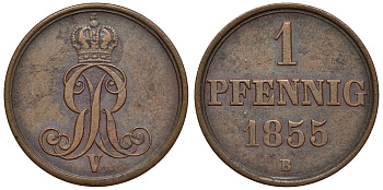 Ганновер 1 пфенниг 1855 B, Георг V KM 221, AKS 155, J. 83 медь 4594-516