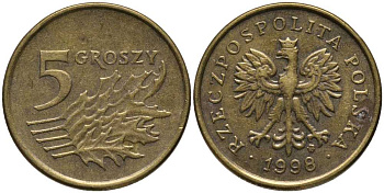 Польша 5 грошей 1998 MW KM 278, Parchimowicz 703e латунь 201-425