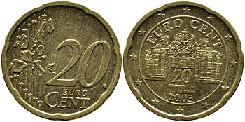 АВСТРИЯ 20 ЕВРОЦЕНТОВ 2003 KM 3086 латунь 4391-245