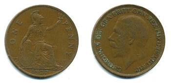 Великобритания 1 пенни 1927 Георг V (1910-1936) КМ 826, Spink 4054 бронза 41-927