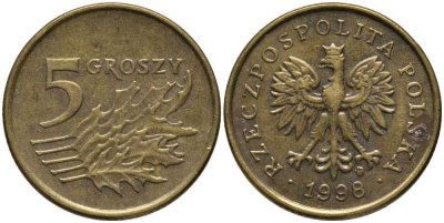 Польша 5 грошей 1998 MW KM 278, Parchimowicz 703e латунь 201-425
