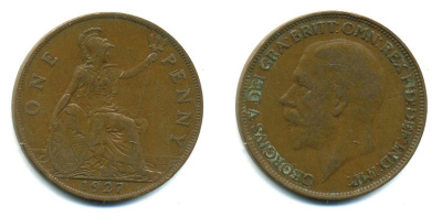Великобритания 1 пенни 1927 Георг V (1910-1936) КМ 826, Spink 4054 бронза 41-927
