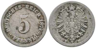 ГЕРМАНИЯ 5 ПФЕННИГОВ 1874 D, СТАРОГЕРБОВКА KM 3, J. 3 медно-никель 39-317
