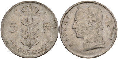 Бельгия 5 франков 1965 Belgique, Бодуэн I (1951-1993) KM 134 медно-никель 4156-651