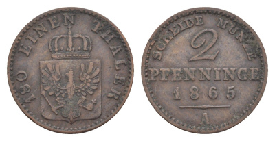 Пруссия 2 пфеннига 1865 A, Вильгельм I (1861-1888) KM 481, Jaeger 51, AKS 107, Olding 425 медь 4651-238