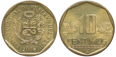 Перу 10 сентимо 2008 KM 305.4 латунь aUNC 4605-544