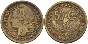 Камерун 50 сантимов 1926 (a), мондвор Париж KM 1 алюминиевая бронза 4169-453