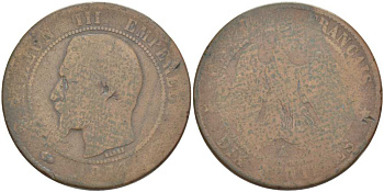 ФРАНЦИЯ 10 САНТИМОВ 1854 A, НАПОЛЕОН III (1852-1870) KM 771.1, LE FRANC 133.10 бронза 215-542
