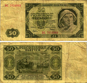 ПОЛЬША 50 ЗЛОТЫХ 1948 1 ИЮЛЯ 1948, НАРОДНАЯ РЕСПУБЛИКА Pick 138 бумага F-VF 7487-41-1