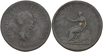 Великобритания 1/2 пенни 1806 Георг III (1760-1820) KM 662, Spink 3781 медь 4144-936