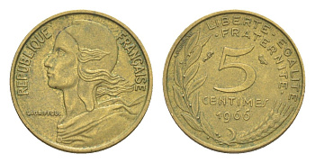 Франция 5 сантимов 1966 тип Марианна KM 933, Le Franc 125.2 алюминиевая бронза 4643-511