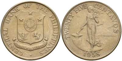 Филиппины 25 сентаво 1958  KM 189.1 медь цинк никель  UNC  4161-1151