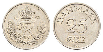 Дания 25 эре 1958 KM 842.2 медно-никель 4706-747
