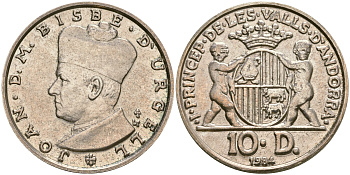 Андорра 10 динеров 1984 Жоан Марти-и-Аланис. Епископ Уржеля, тираж 7500 экз. KM 17 серебро UNC 1526-612