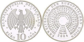 ФРГ 10 евро 2004 G, расширение Евросоюза KM 231, DE.S 10.14 серебро PROOF 1085-5-62
