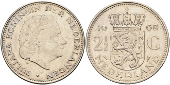 Нидерланды 2 1/2 гульдена 1969 Юлиана (1948-1980) KM 191 никель 4587-726