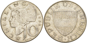Австрия 10 шиллингов 1958 KM 2882 серебро 4126-345