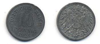 ГЕРМАНИЯ 10 ПФЕННИГОВ 1921 KM 26, J. 299 цинк 35-749