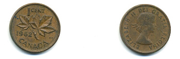 Канада 1 цент 1962 Елизавета II (1952-2022), кленовый лист  KM 49 бронза 80-728