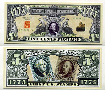 США 5 ПОЧТОВЫХ ЦЕНТОВ ND СУВЕНИРНАЯ БАНКНОТА, ПЕРВЫЙ ПОЧТМЕЙСТЕР АМЕРИКИ, ПЕРВОЕ ПОЧТОВОЕ ОТДЕЛЕНИЕ 1775 ГОД бумага UNC (ПРЕСС) 8588-28-3-2
