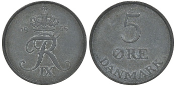Дания 5 эре 1955 N; S, Фредерик IX KM 843.1 цинк 4162-122