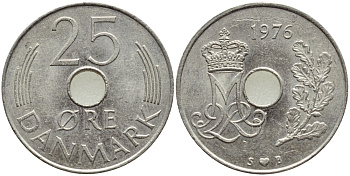 Дания 25 эре 1976 S; B, Маргрете II (1972- ) KM 861.1 медно-никель  4397-216
