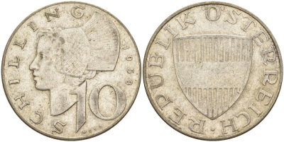 Австрия 10 шиллингов 1958 KM 2882 серебро 4126-345