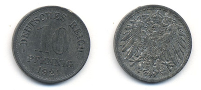 ГЕРМАНИЯ 10 ПФЕННИГОВ 1921 KM 26, J. 299 цинк 35-749