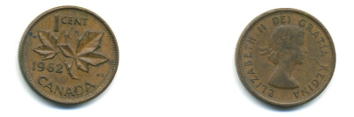 Канада 1 цент 1962 Елизавета II (1952-2022), кленовый лист  KM 49 бронза 80-728