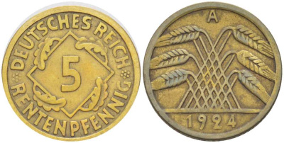 ГЕРМАНИЯ 5 РЕНТЕНПФЕННИГОВ 1924 A KM 43, J. 308, Weege 6 алюминиевая бронза 206-764