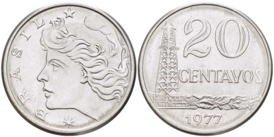 Бразилия 20 сентаво 1977 голова свободы влево KM 579.1a, Schon 84b нержавеющая сталь 4514-1046