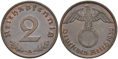 Германия 2 рейхспфеннига 1939 A KM 90, J. 362 бронза 4151-124