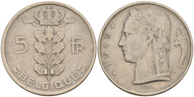 Бельгия 5 франков 1949 Леопольд III (1934-1950), Belgique KM 134.1 медно-никель    4187-221