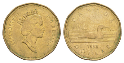 Канада 1 доллар 1993 Елизавета II (1952-2022), утка KM 186 никель плакированный позолоченной бронзой 4631-756