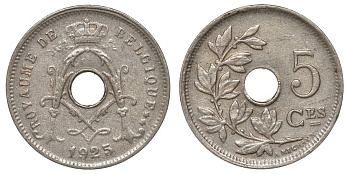 Бельгия 5 сантимов 1925 KM 66 медно-никель 4174-151