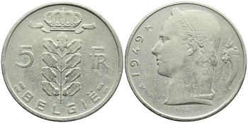 БЕЛЬГИЯ 5 ФРАНКОВ 1949 BELGIE KM 135.1 медно-никель 3999-735