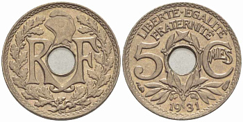 Франция 5 сантимов 1931 тип Линдайё KM 875, Le Franc 122.14 медно-никель 105-361