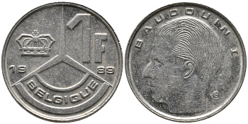 Бельгия 1 франк 1989 Belgique, Бодуэн I (1951-1993) KM 170 железо плакированное никелем 99-1221
