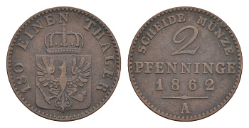 Пруссия 2 пфеннига 1862 A, Вильгельм I (1861-1888) KM 481, Jaeger 51, AKS 107, Olding 425 медь 4651-236