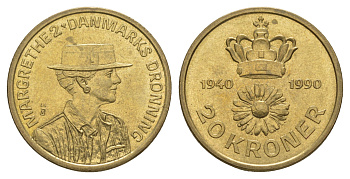 Дания 20 крон 1990 50 лет со дня рождения Королевы Маргрете II KM 870 алюминиевая бронза UNC 4657-1226
