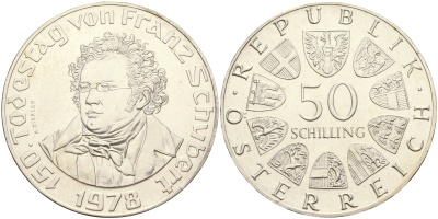 Австрия 50 шиллингов 1978 150 лет со дня смерти Франца Шуберта KM 2937 серебро UNC 633-223