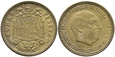 ИСПАНИЯ 1 ПЕСЕТА 1963 (65) ФРАНСИСКО ФРАНКО ДИКТАТОР ИСПАНИИ (1939-1975) KM 775 алюминиевая бронза 110-1135