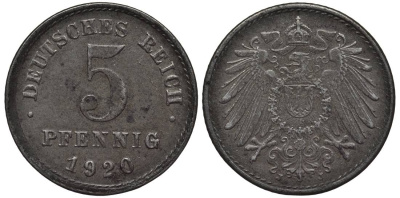 ГЕРМАНИЯ 5 ПФЕННИГОВ 1920 J KM 19, Jager 297, Weege 5 железо 4547-625
