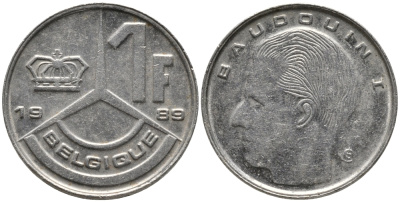Бельгия 1 франк 1989 Belgique, Бодуэн I (1951-1993) KM 170 железо плакированное никелем 99-1221