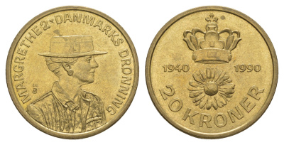 Дания 20 крон 1990 50 лет со дня рождения Королевы Маргрете II KM 870 алюминиевая бронза UNC 4657-1226