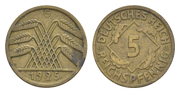Германия 5 рейхспфеннигов 1925 G KM 39, J. 316 алюминиевая бронза 4636-728
