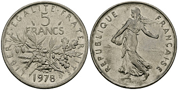 Франция 5 франков 1978 KM 926a медно-никель плакированный никелем 4120-443