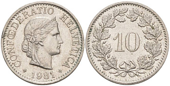 Швейцария 10 раппенов 1981 KM 27 медно-никель 55-515