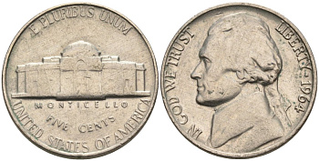 США 5 центов 1964 Джефферсон KM А192 медно-никель 92-1055