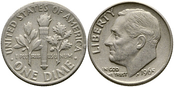 США 10 ЦЕНТОВ = 1 ДАЙМ 1965 РУЗВЕЛЬТ KM 195а медь плакированная медно-никелем 80-711